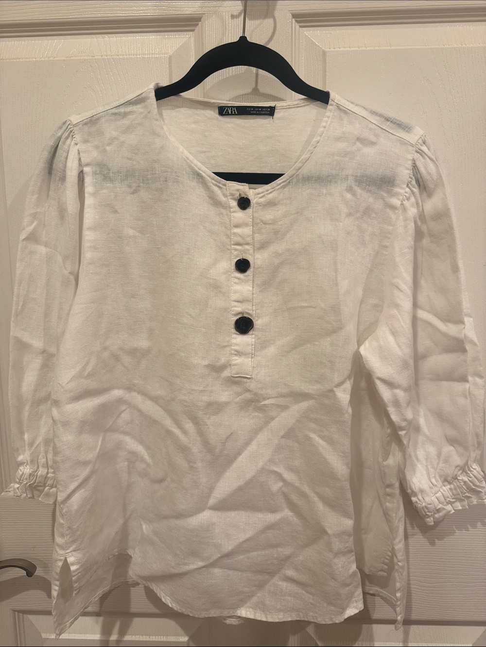 Zara White Henley Linen Top with Dark Buttons
